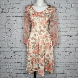 Vintage Floral Sheer Long Sleeve Midi Dress, size Medium